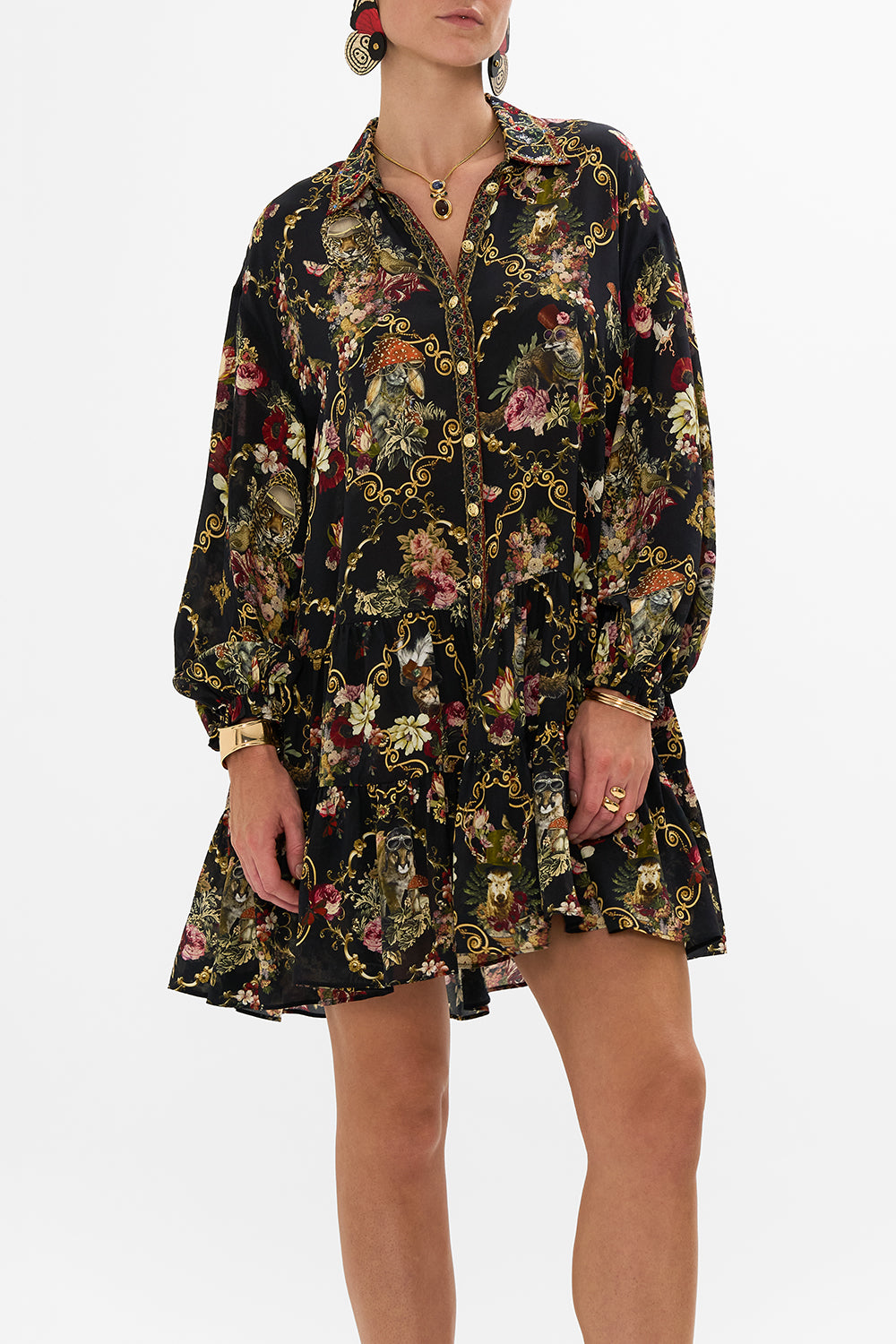 CAMILLA Black Tiered Shirt Dress in Told in the Tapestry
