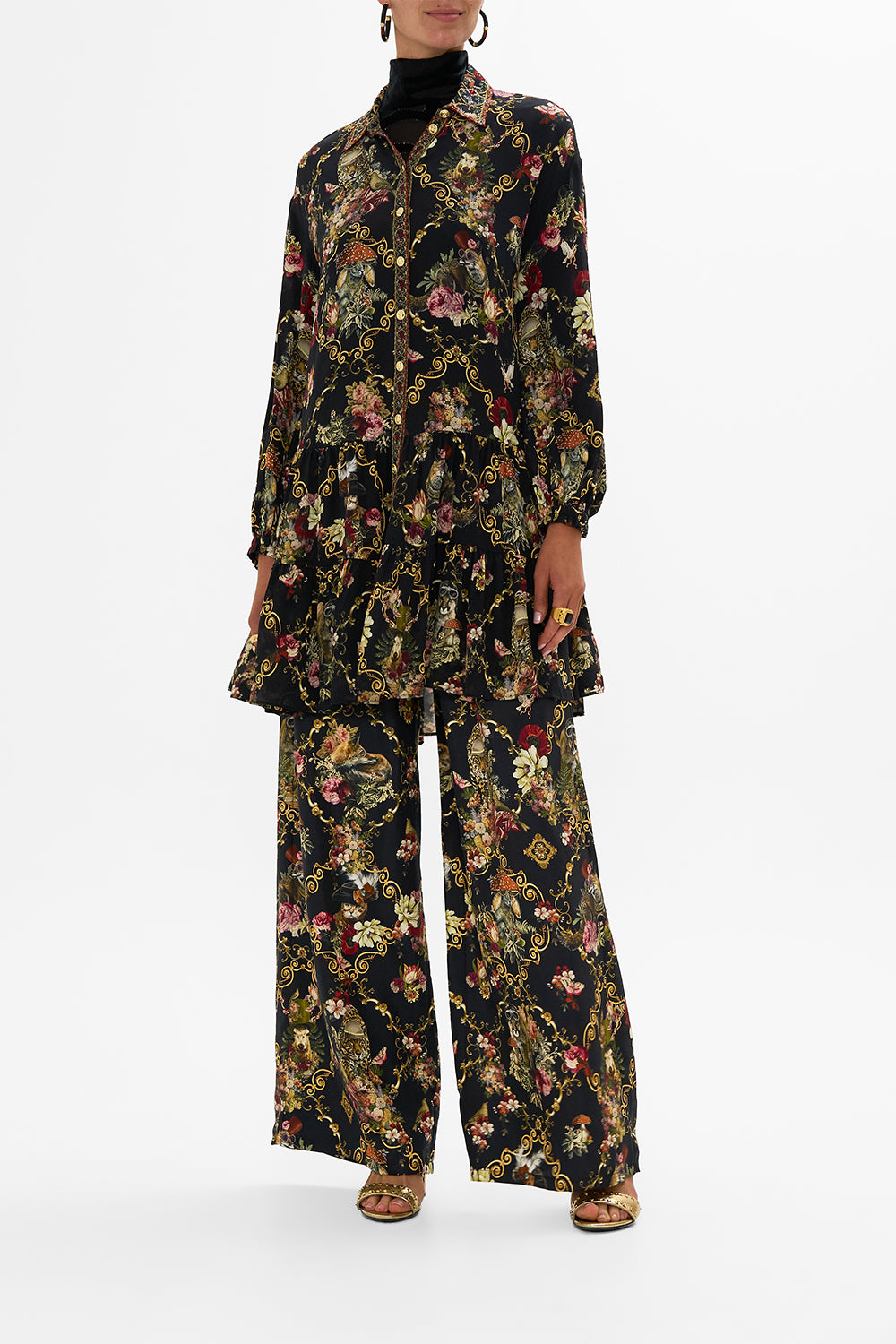 CAMILLA Black Tiered Shirt Dress in Told in the Tapestry
