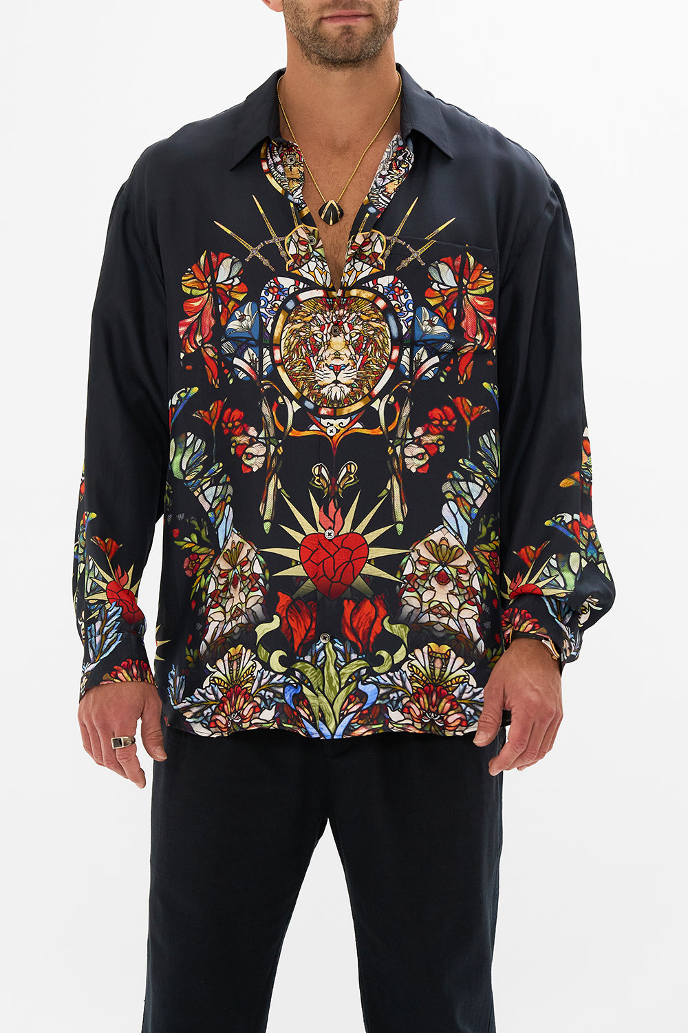 Hotel Franks by CAMILLA black mens oversized shirt in Leadlight Legends