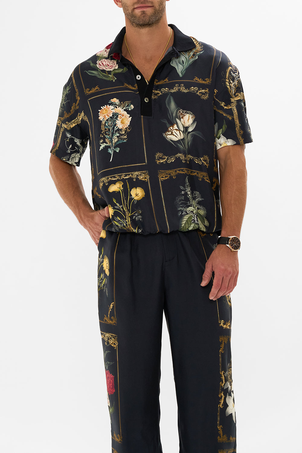 Hotel Franks by CAMILLA floral woven short sleeve polo shirt in Magic in the Manuscripts print