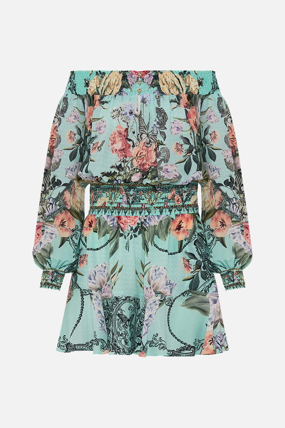 CAMILLA Floral Off Shoulder Short Dress in Petal Promise Land