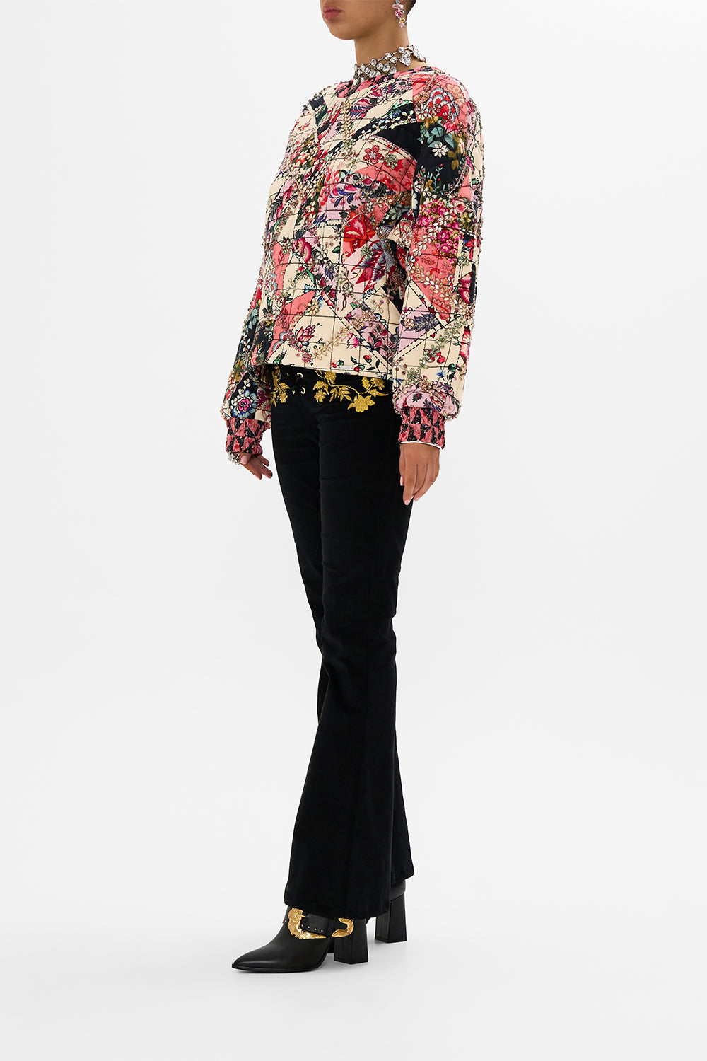 The CAMILLA SILK BAND DROPPED SHOULDER SWEATSHIRT PATCHWORK POETRY in our  print.