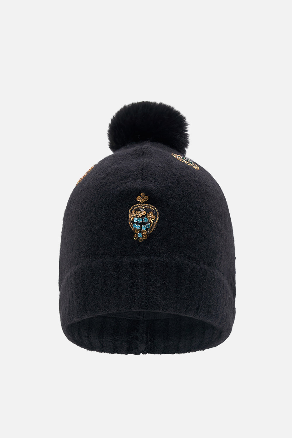 CAMILLA black embellished beanie in Solid Black