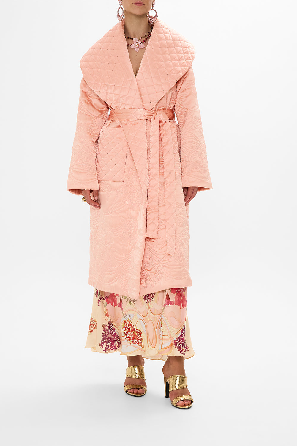 The CAMILLA QUILTED LONG WRAP COAT BLOSSOMS AND BRUSHSTROKES in our BLOSSOMS AND BRUSHSTROKES print.