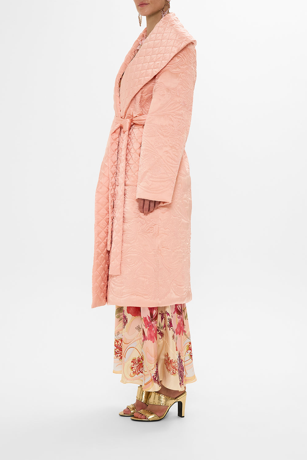 The CAMILLA QUILTED LONG WRAP COAT BLOSSOMS AND BRUSHSTROKES in our  print.