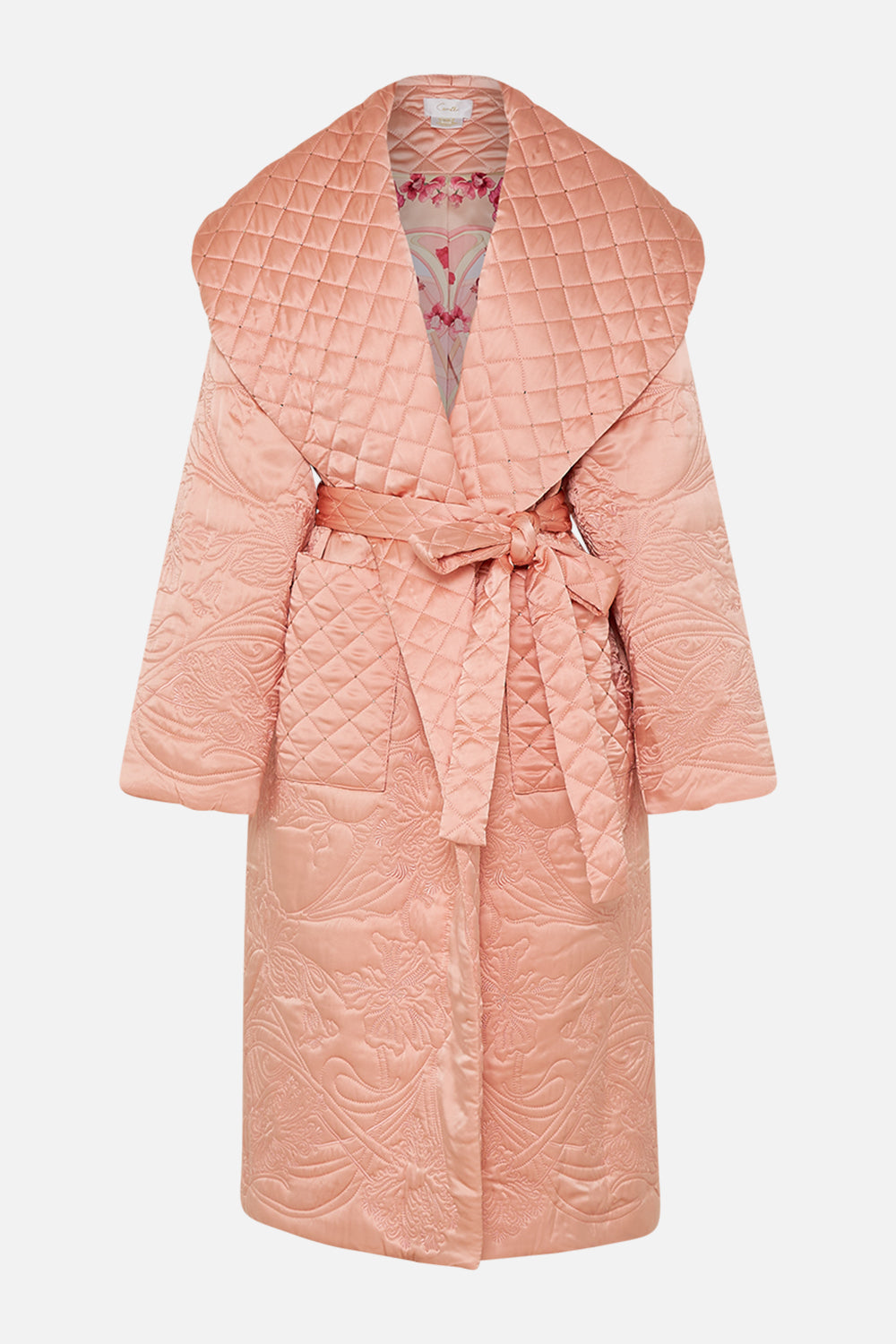 The CAMILLA QUILTED LONG WRAP COAT BLOSSOMS AND BRUSHSTROKES in our  print.
