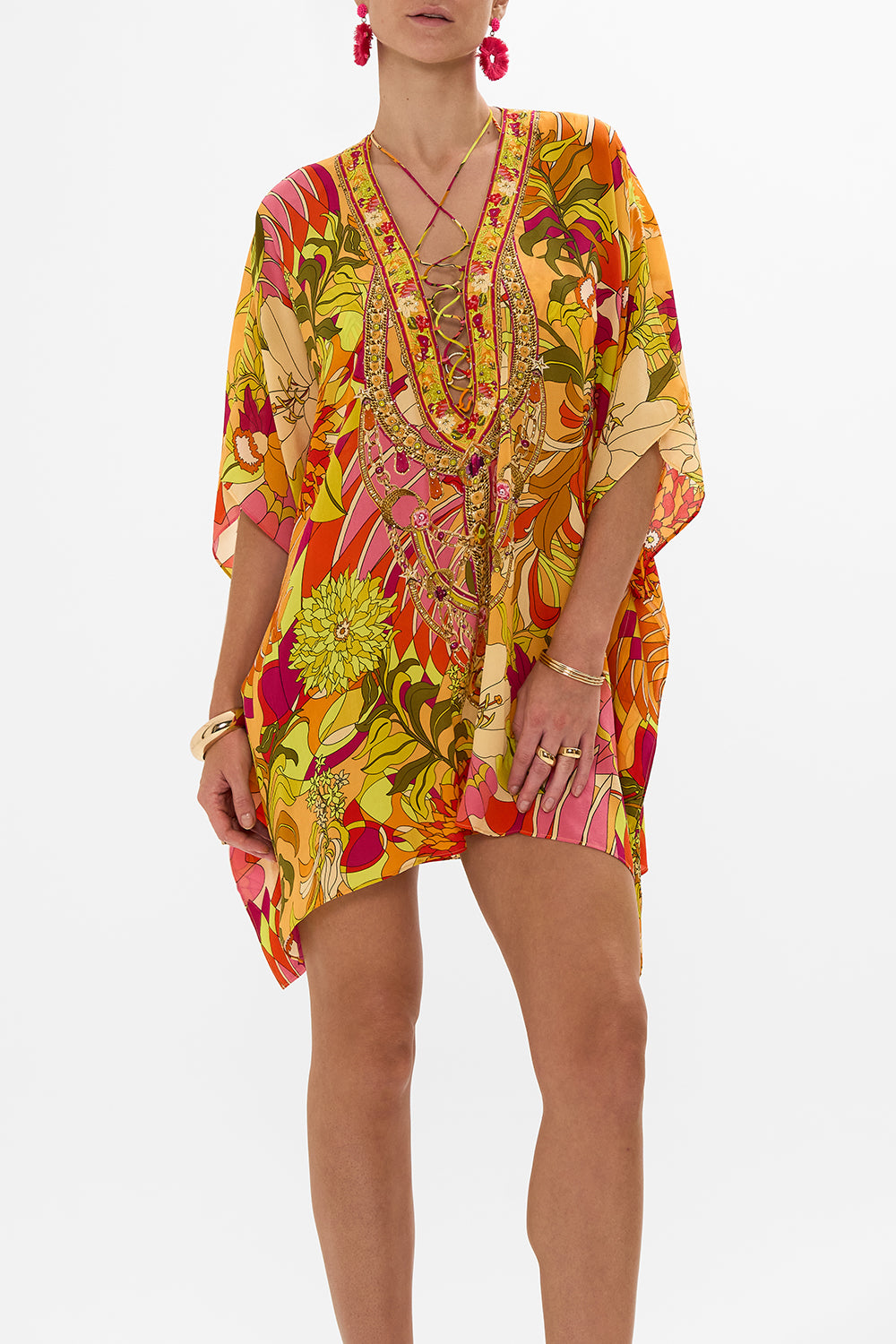 CAMILLA Floral Short Lace Up Kaftan in The Flower Child Society print