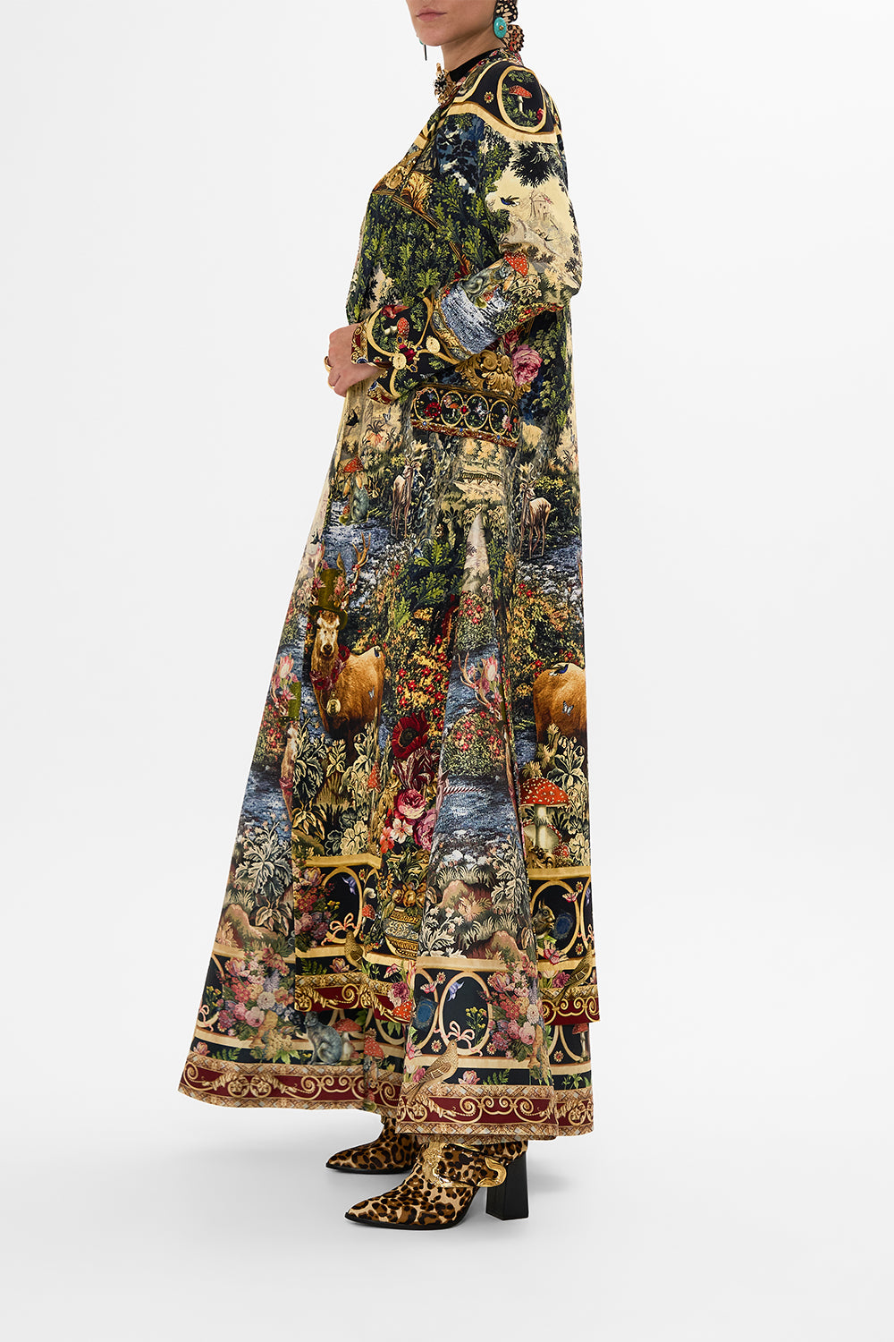 CAMILLA Floral Coat with Wide Cuffs and Short Side Splits in Tapestry Totems