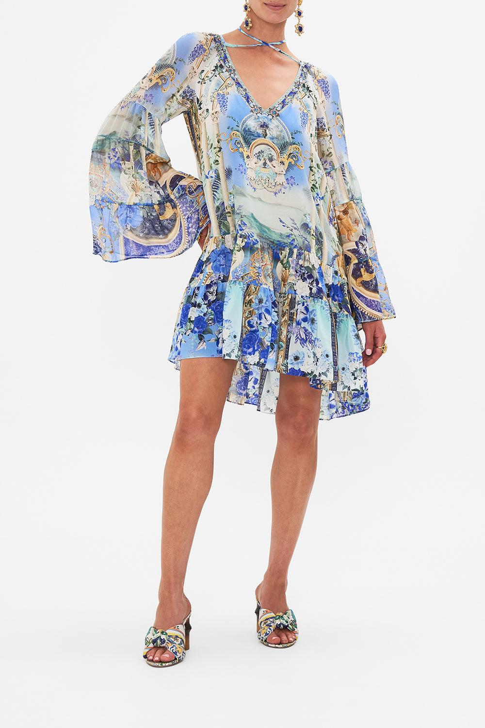 Crop view of model wearing CAMILLA A Line dress in Views Of Vesuvious print 