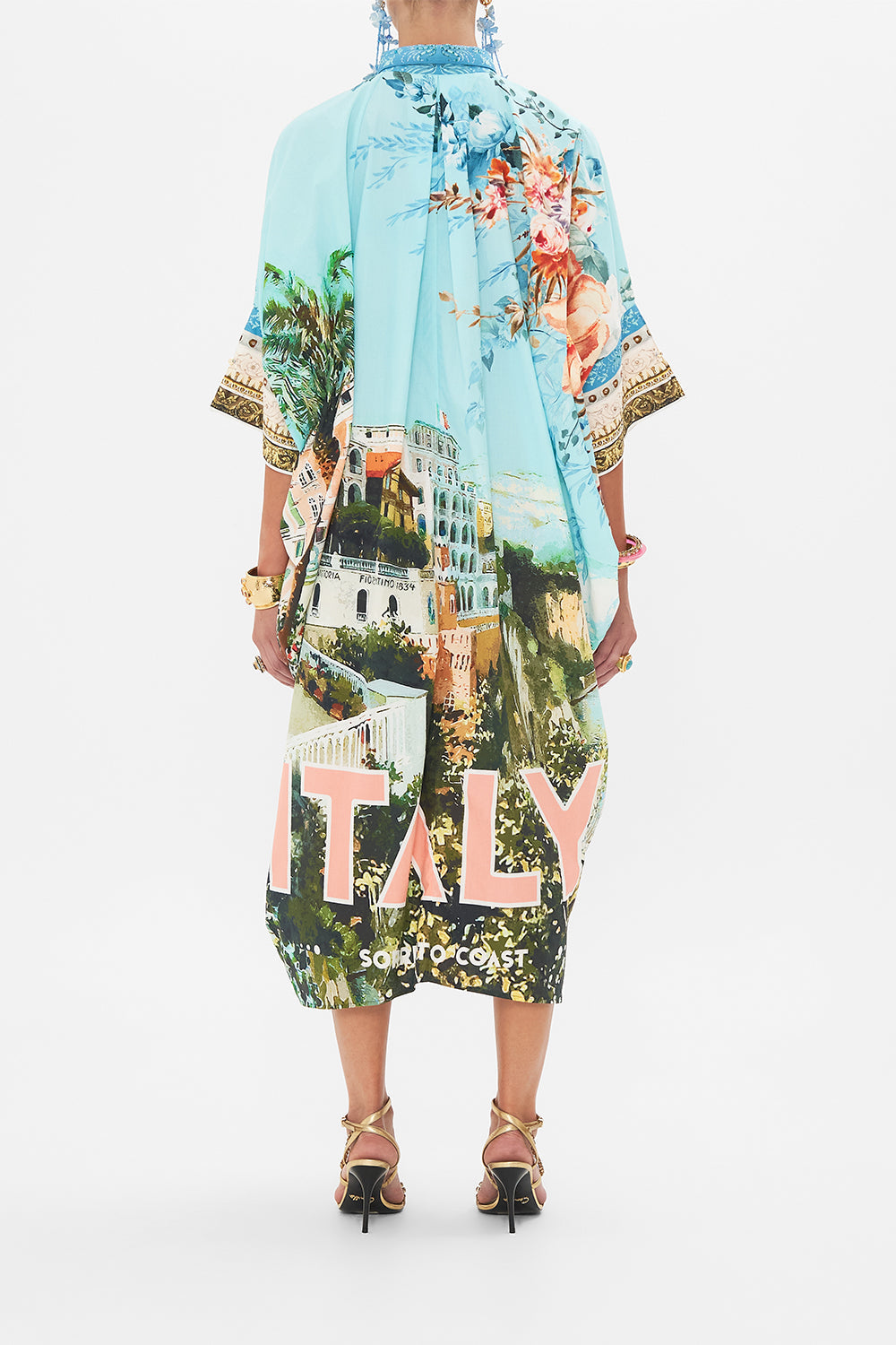 Back view of model wearing CAMILLA silk kaftan from Sorrento With Love print