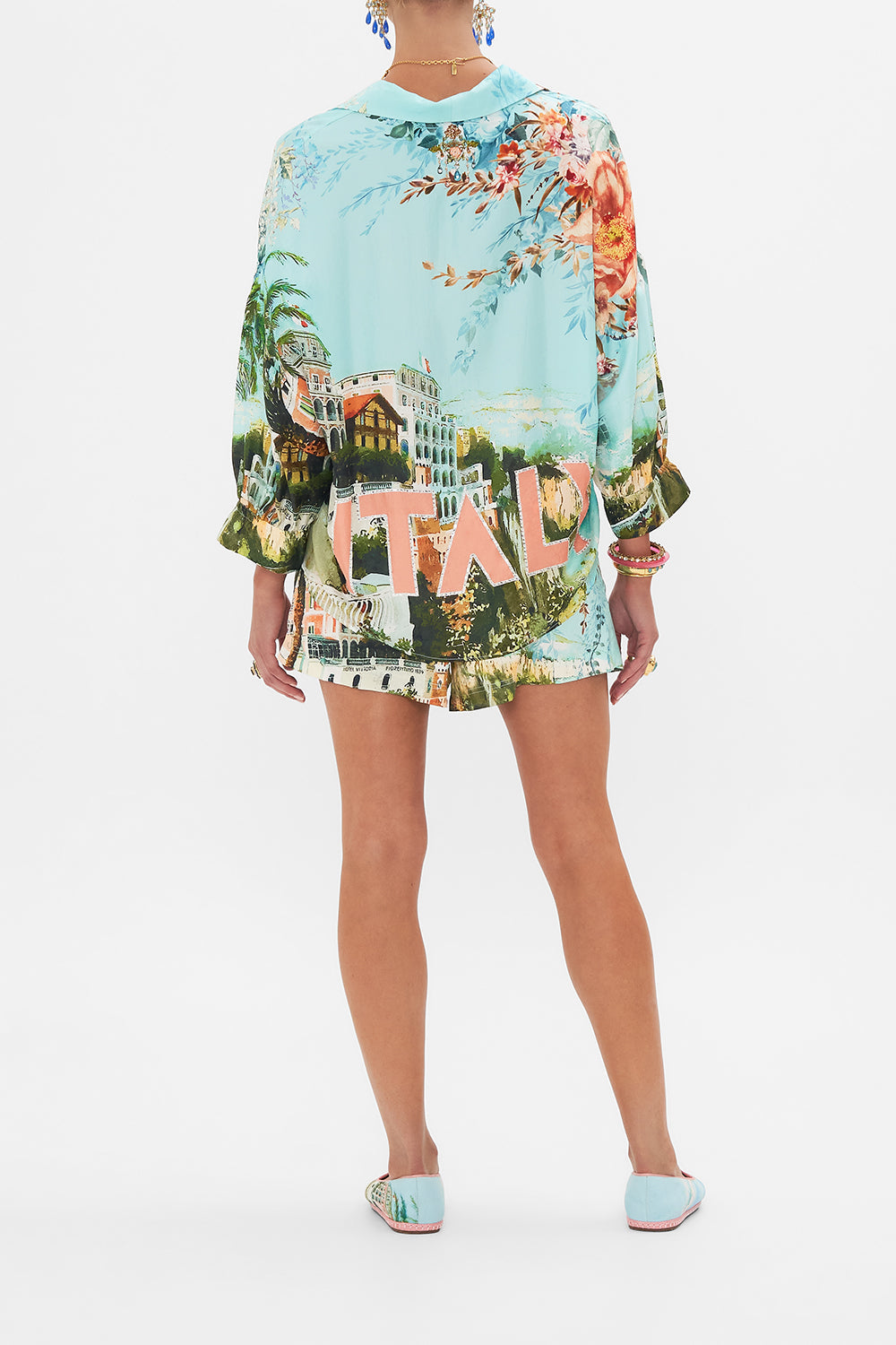 Back view of model wearing CAMILLA silk shirt in From Sorrento With Love print