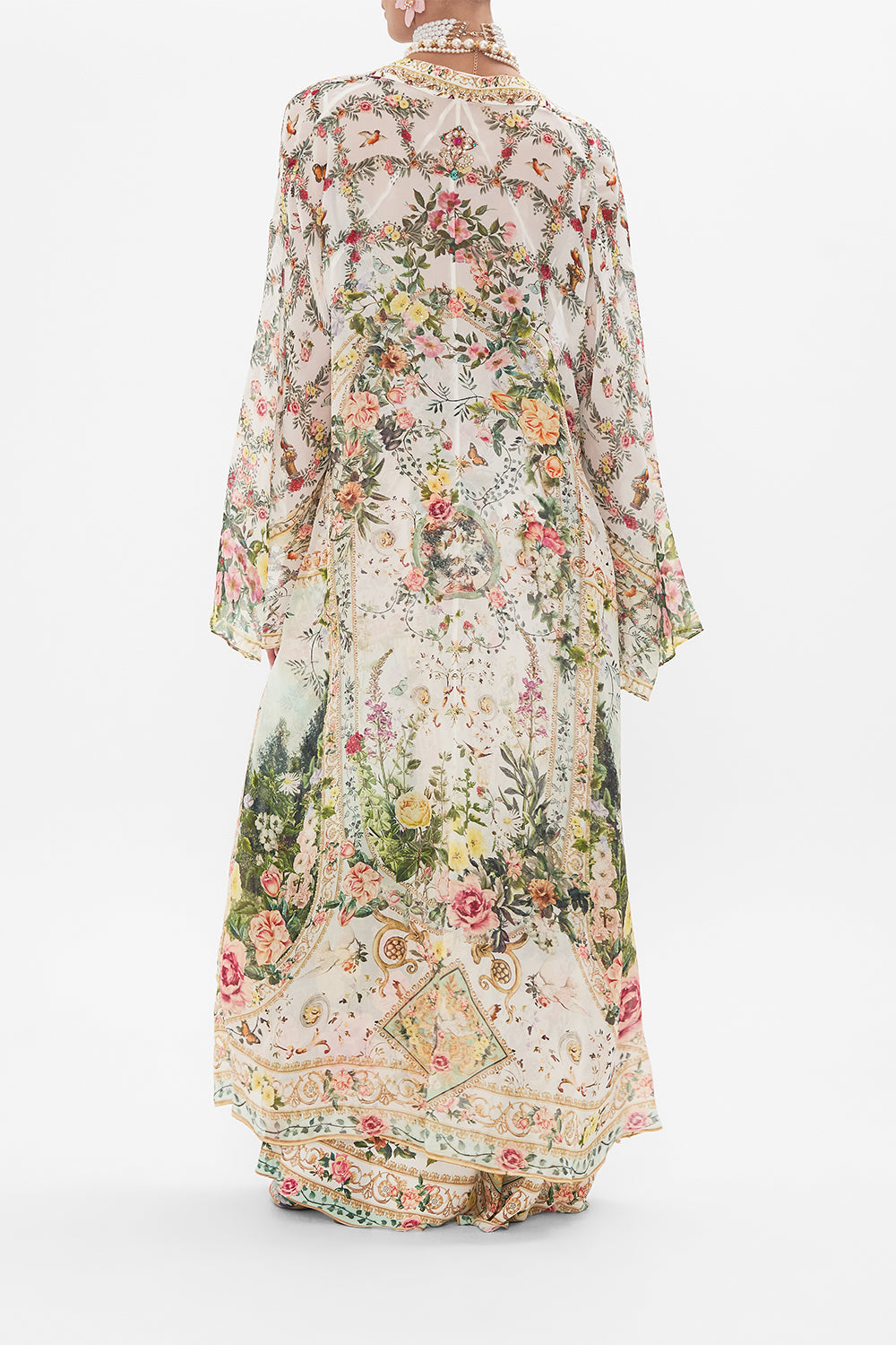 Back view of model wearing CAMILLA silk robe in Renaissance Romance print