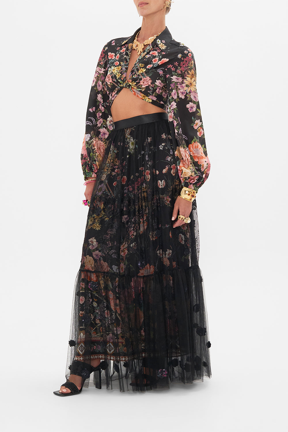 The CAMILLA WAISTBAND RUFFLE HEM SKIRT LETTERS FROM A VINEYARD in our  print.