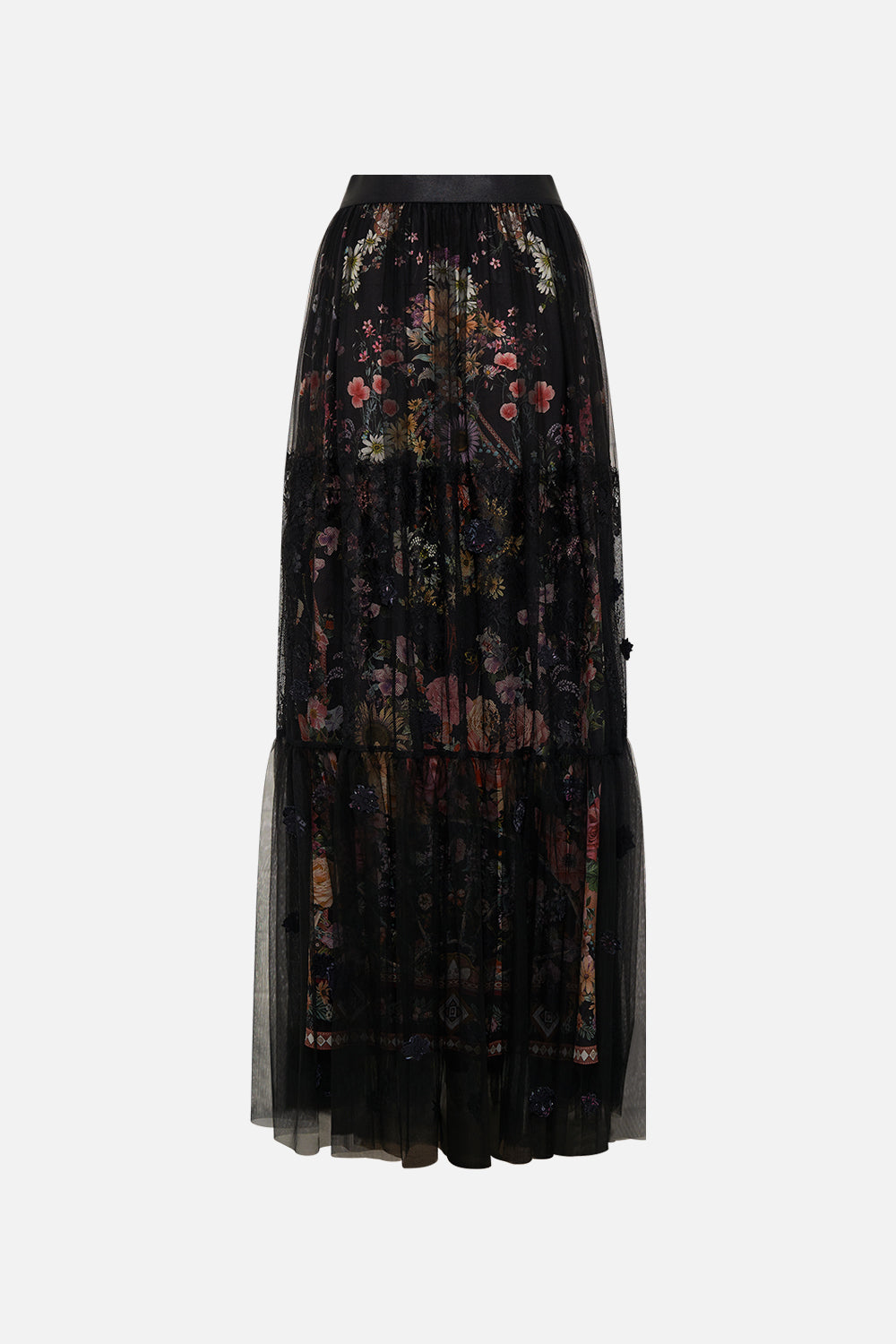 The CAMILLA WAISTBAND RUFFLE HEM SKIRT LETTERS FROM A VINEYARD in our  print.