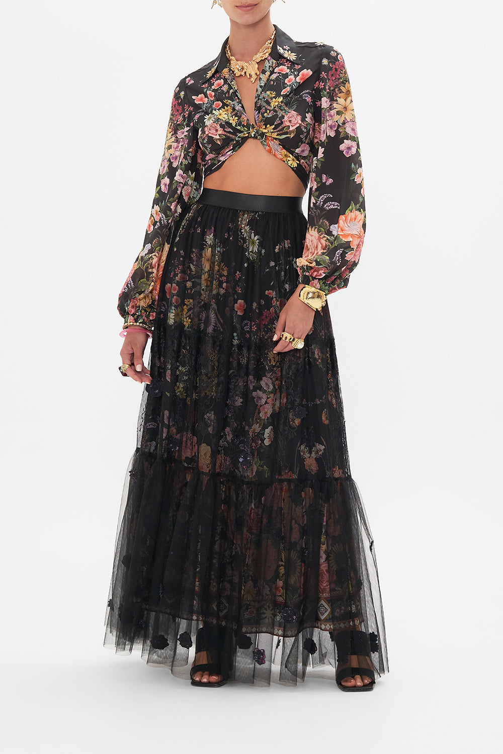 The CAMILLA WAISTBAND RUFFLE HEM SKIRT LETTERS FROM A VINEYARD in our LETTERS FROM A VINEYARD print.