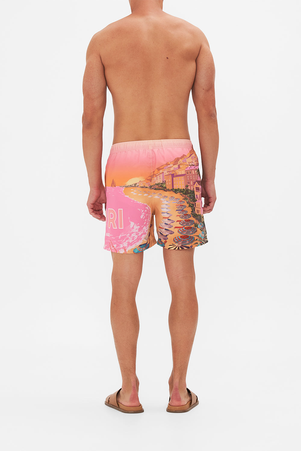 Back view of model wearing Hotel Franks By CAMILLA mens boardshorts in Capri Me print