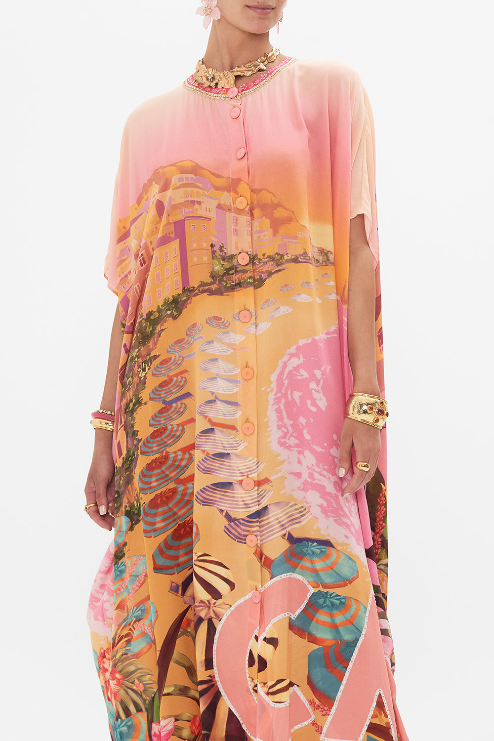 Crop view of model wearing CAMILLA silk kaftan in Capri Me print