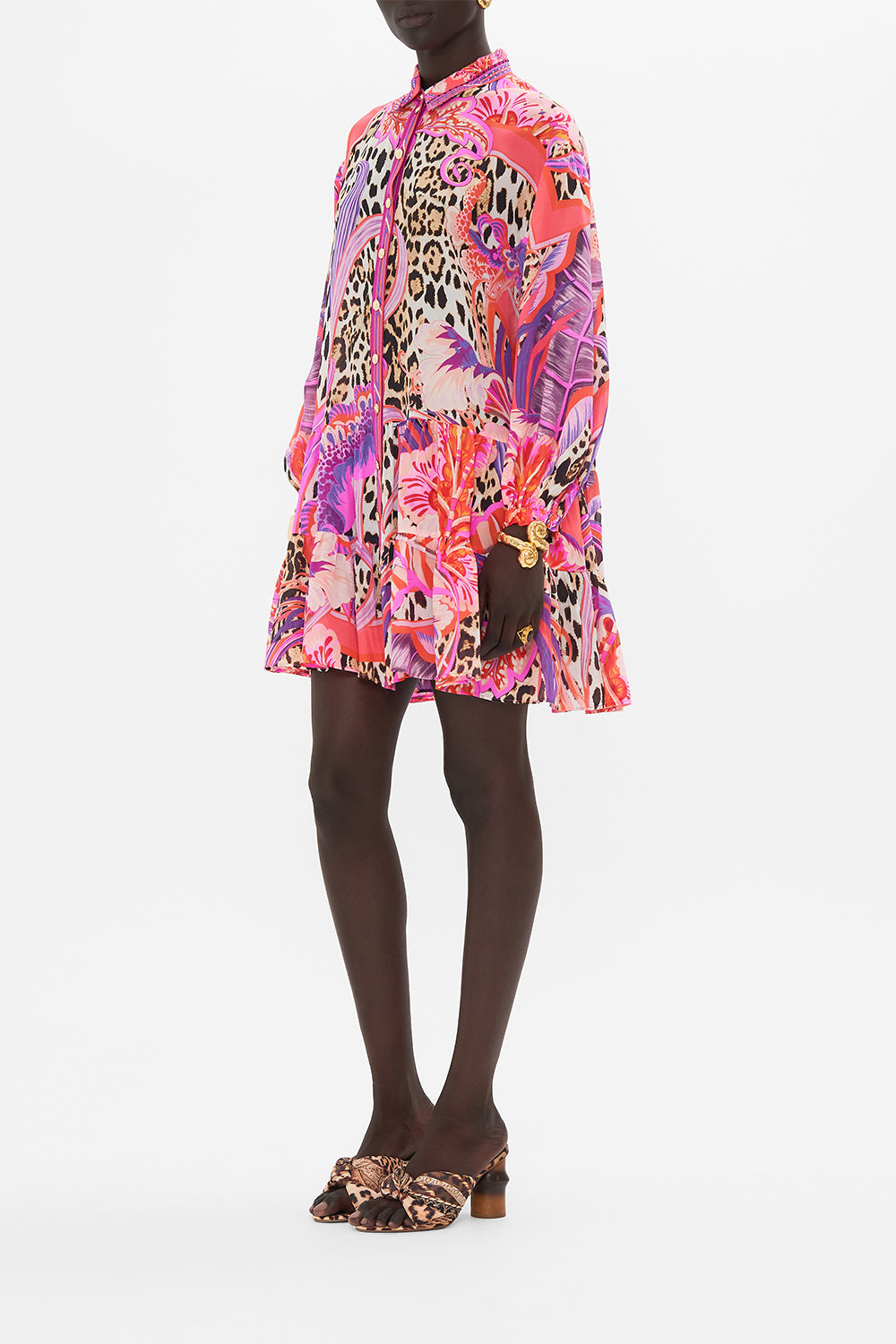 Side view of model wearing CAMILLA silk shirt dress in Viola Vintage print