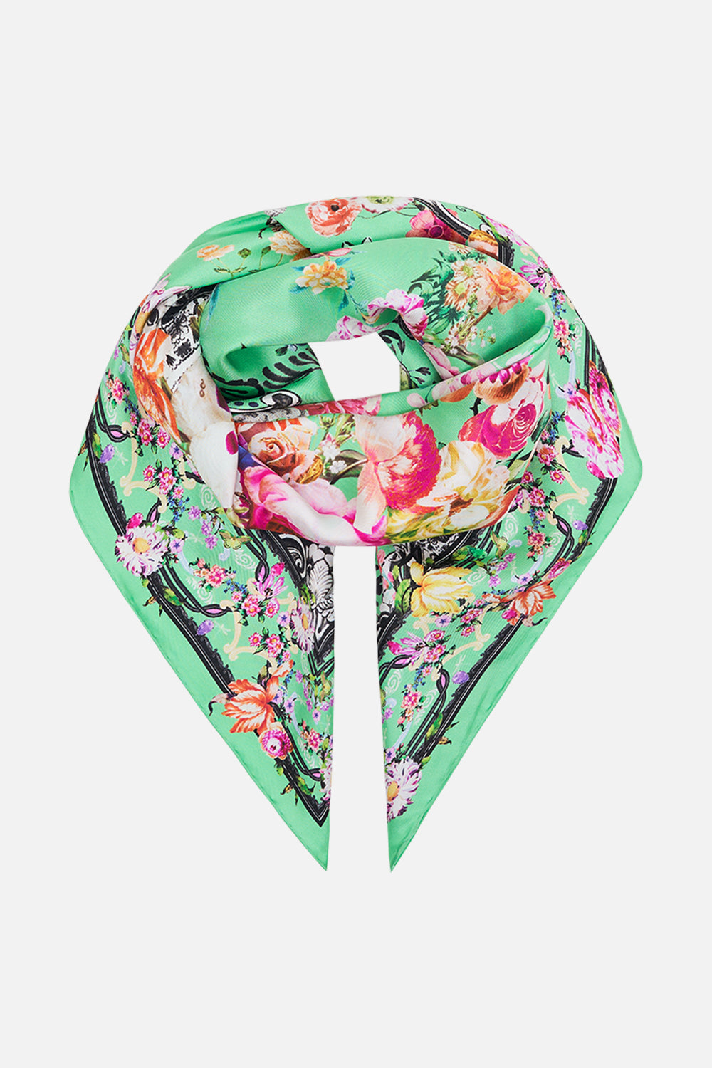 Front view of CAMILLA silk scarf in Porcelain Dream print