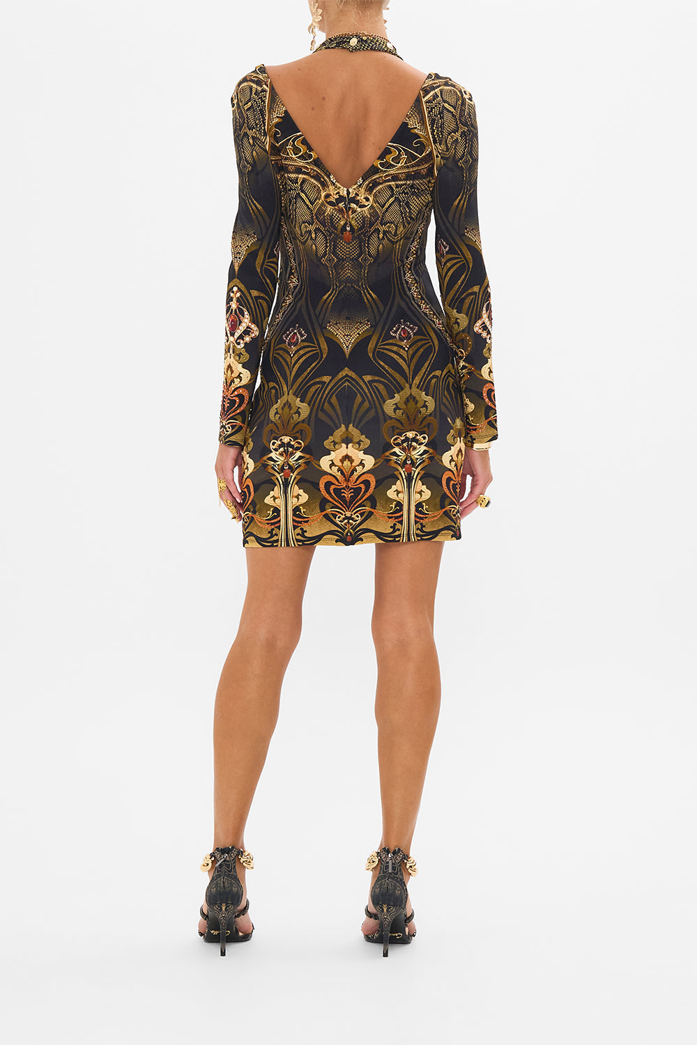 CAMILLA cut out mini dress in Nouveau Noir print