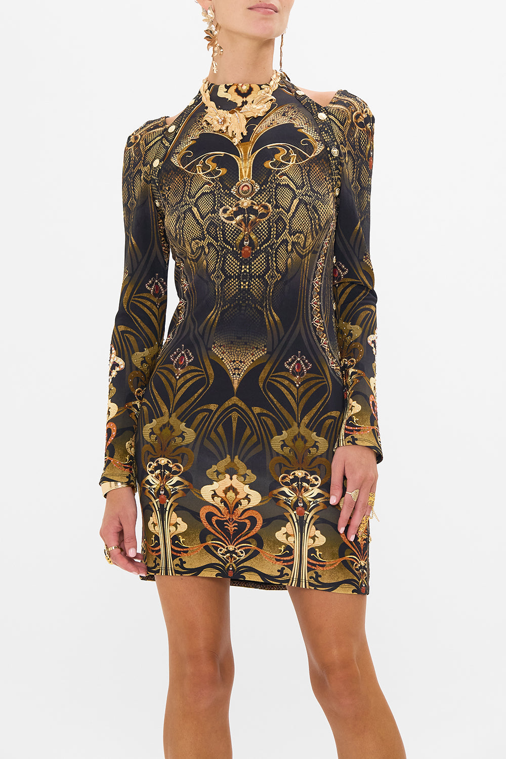 CAMILLA cut out mini dress in Nouveau Noir print