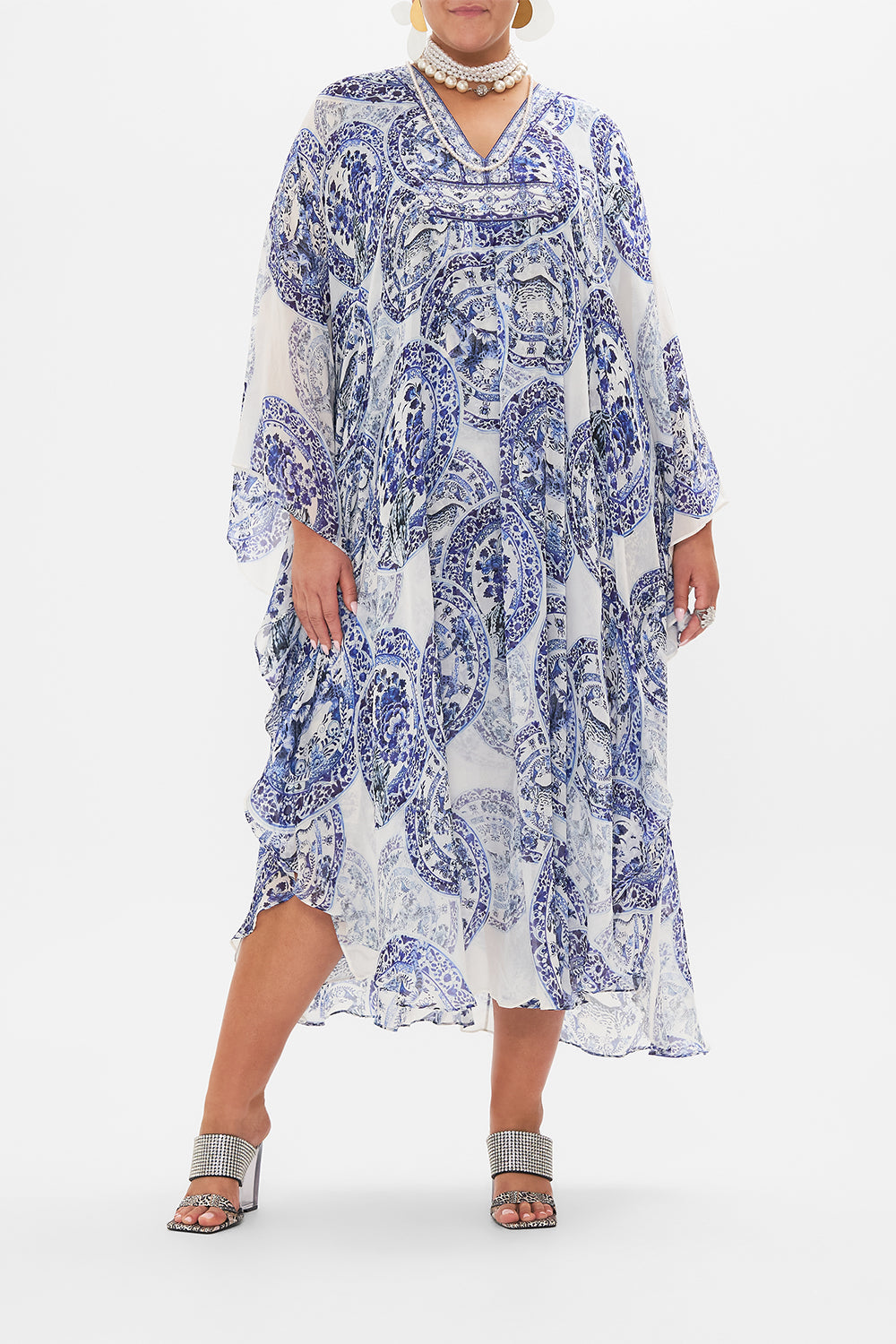 Back view of CAMILLA silk kaftan in Glaze and Graze print 