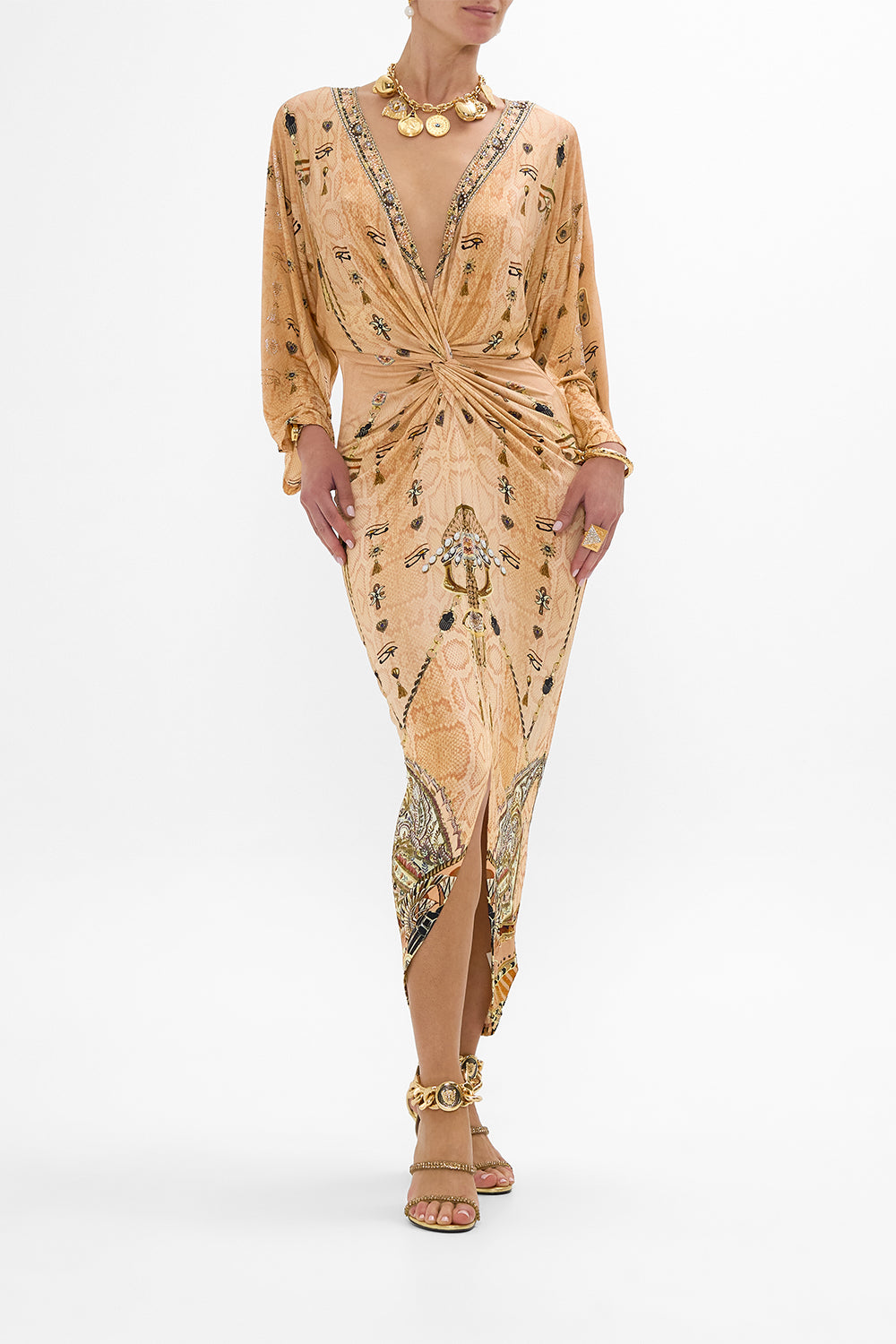 CAMILLA Gold Long Split Front Twist Dress in Kingdom of Hieroglyphs Print