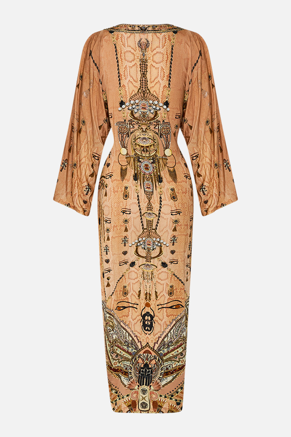 CAMILLA Gold Long Split Front Twist Dress in Kingdom of Hieroglyphs Print