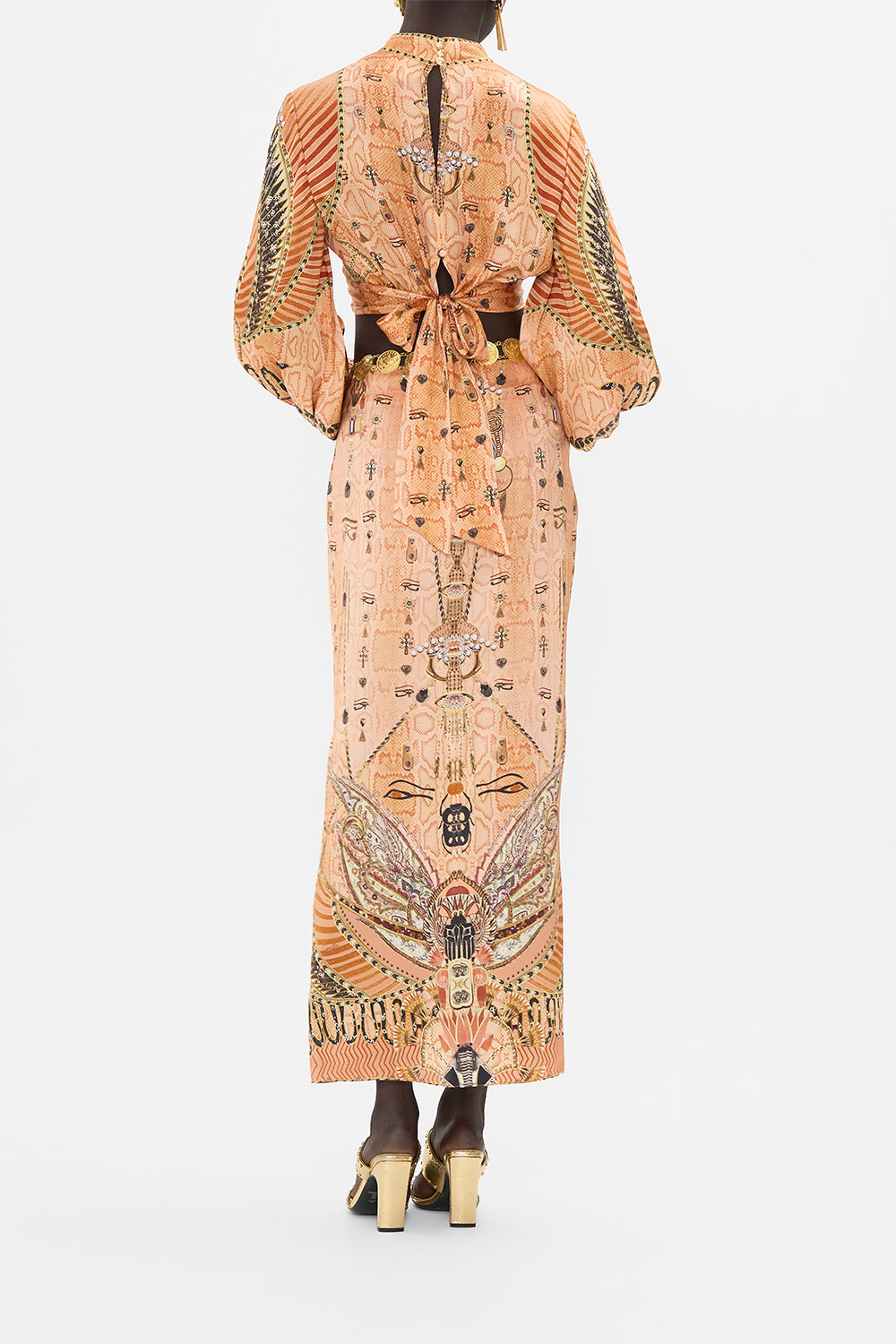 The CAMILLA LONG SLEEVE HIGH NECK TOP WITH FRONT KNOT KINGDOM OF HEIROGLYPHS in our  print.