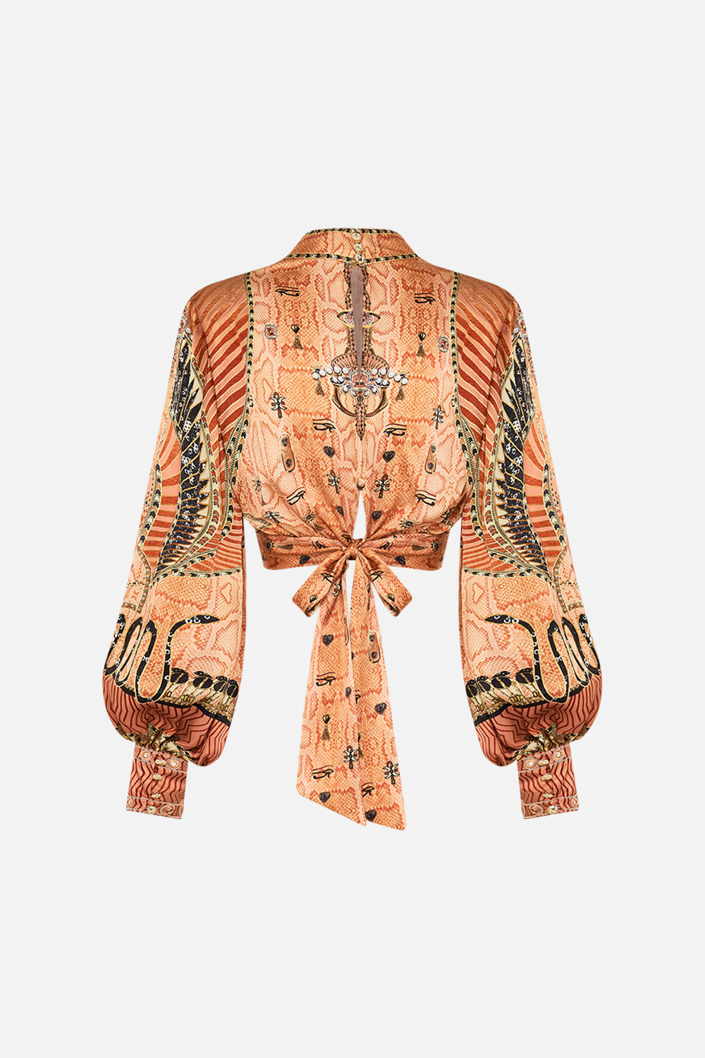 The CAMILLA LONG SLEEVE HIGH NECK TOP WITH FRONT KNOT KINGDOM OF HEIROGLYPHS in our  print.
