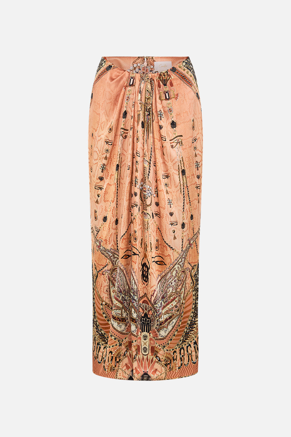 The CAMILLA DRAPE FRONT SKIRT WITH SPLIT KINGDOM OF HEIROGLYPHS in our  print.