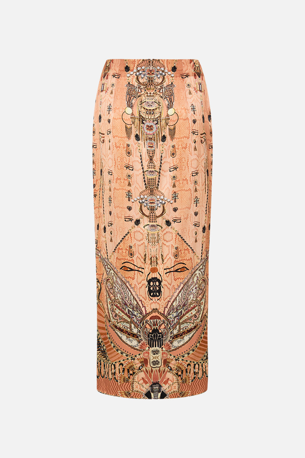The CAMILLA DRAPE FRONT SKIRT WITH SPLIT KINGDOM OF HEIROGLYPHS in our  print.