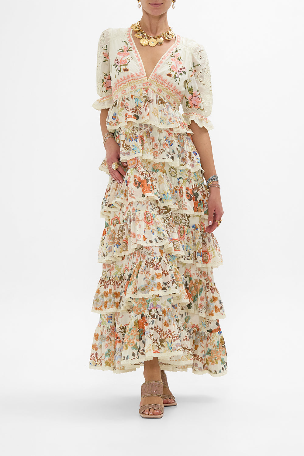 The CAMILLA PUFF SLEEVE TIERED SKIRT LONG DRESS IN HONOUR OF HEIRLOOMS in our IN HONOUR OF HEIRLOOMS print.