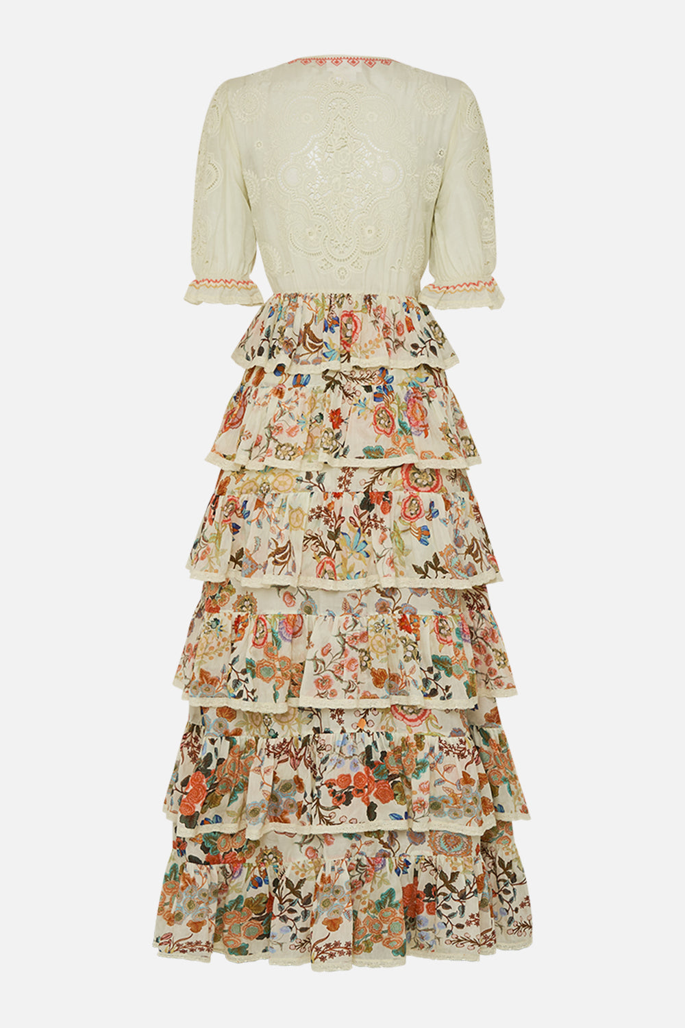 The CAMILLA PUFF SLEEVE TIERED SKIRT LONG DRESS IN HONOUR OF HEIRLOOMS in our  print.