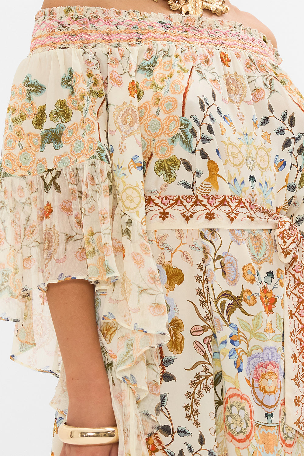 CAMILLA High Low Hem Off Shoulder Dress in Honour of Heirlooms print