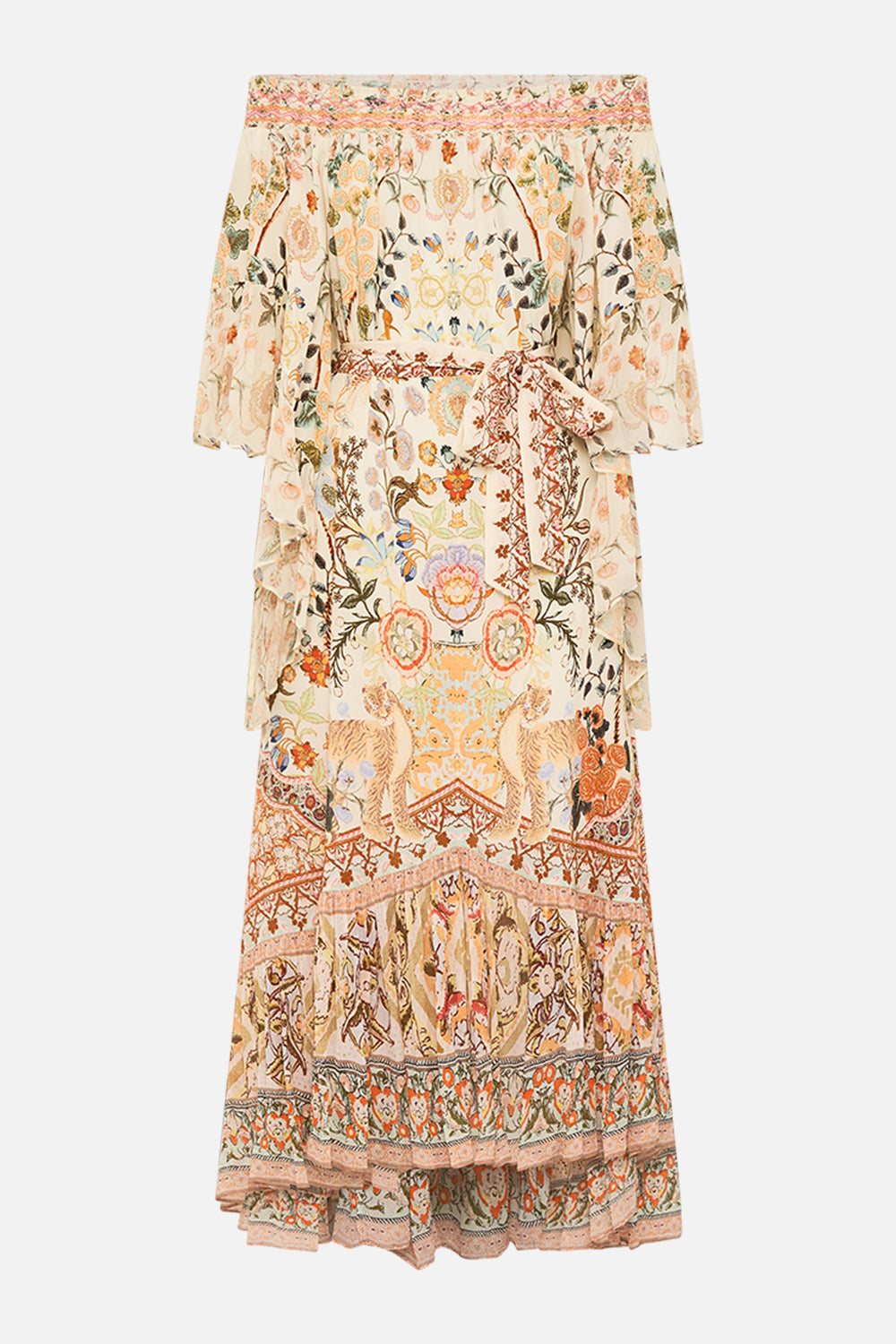 CAMILLA High Low Hem Off Shoulder Dress in Honour of Heirlooms print