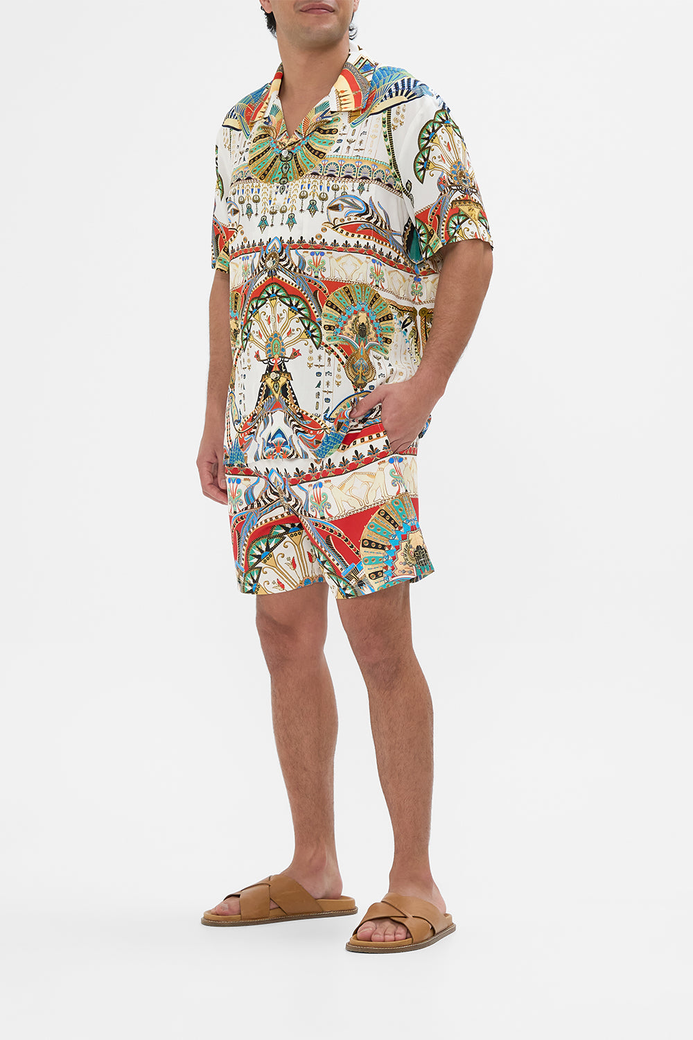 The CAMILLA SHORT SLEEVE CAMP COLLARED SHIRT VALLEY OF THE QUEENS in our  print.