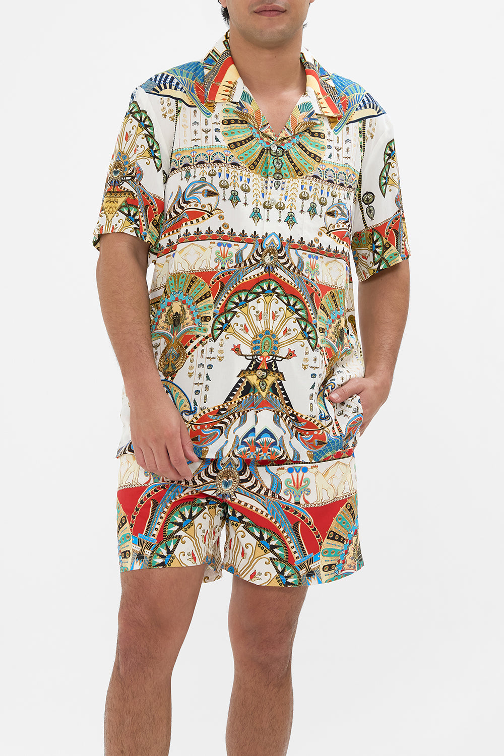 The CAMILLA SHORT SLEEVE CAMP COLLARED SHIRT VALLEY OF THE QUEENS in our  print.