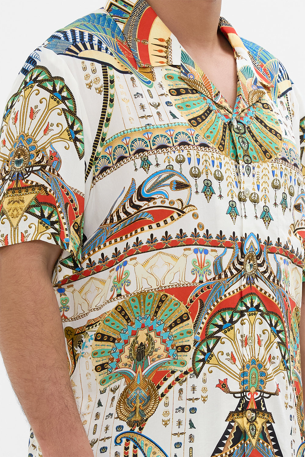The CAMILLA SHORT SLEEVE CAMP COLLARED SHIRT VALLEY OF THE QUEENS in our  print.