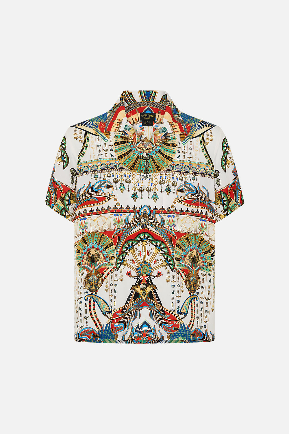 The CAMILLA SHORT SLEEVE CAMP COLLARED SHIRT VALLEY OF THE QUEENS in our  print.
