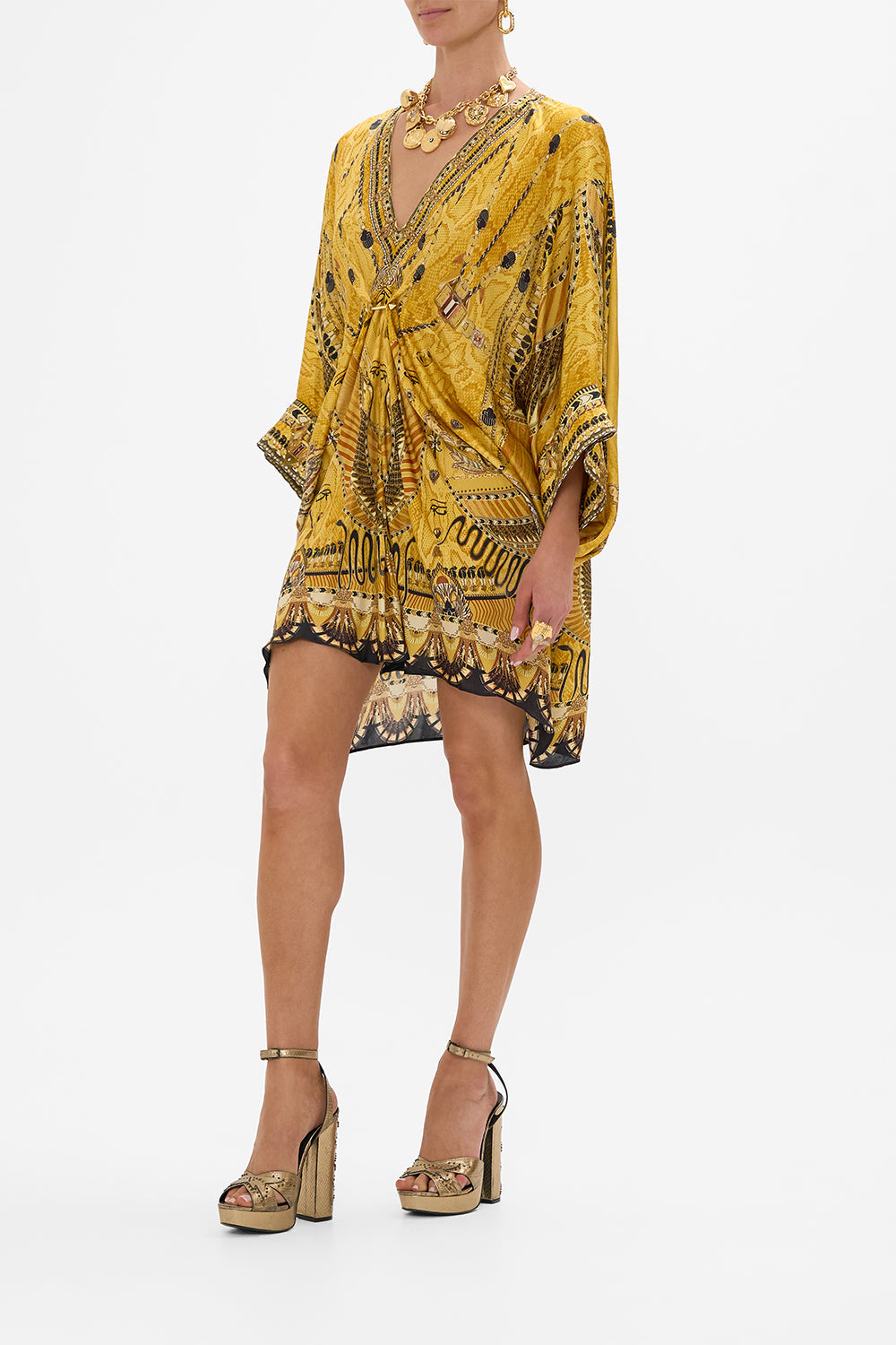 CAMILLA Gold Pierced V-Neck Short Kaftan in Valley of the Kings Print