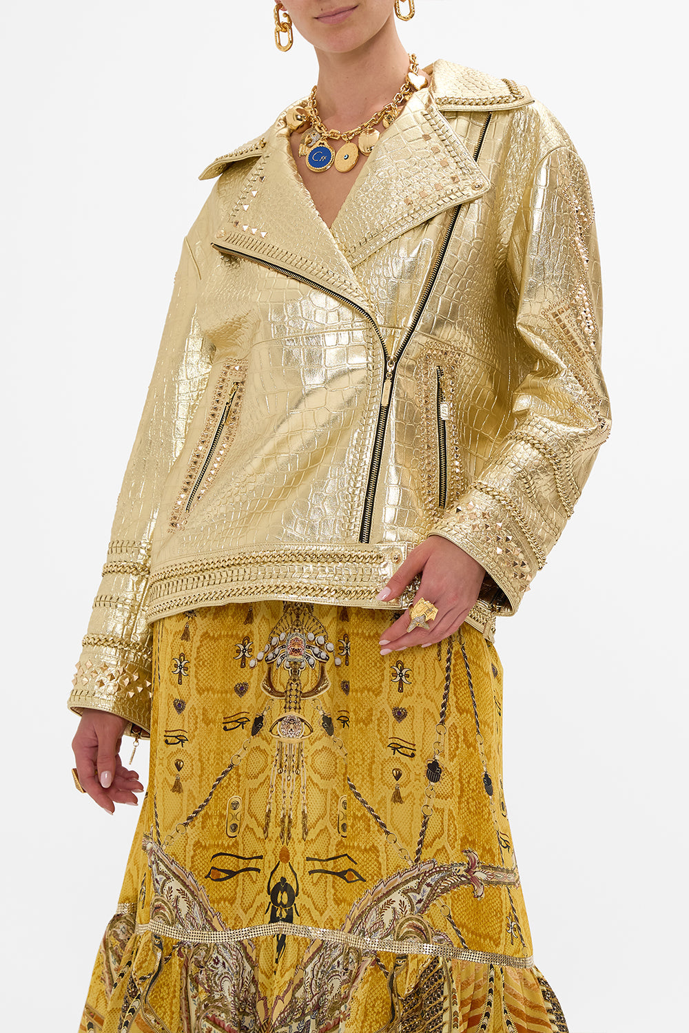 CAMILLA  Oversized Leather Biker Jacket in Valley of the Kings Print