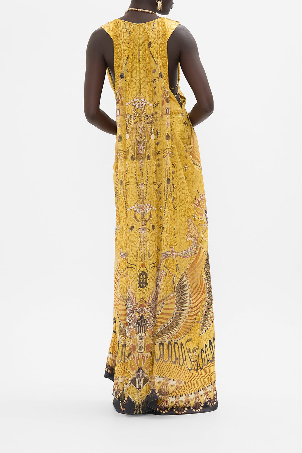 CAMILLA Gold Sleeveless Draped T-Back Long Dress in Valley of the Kings Print