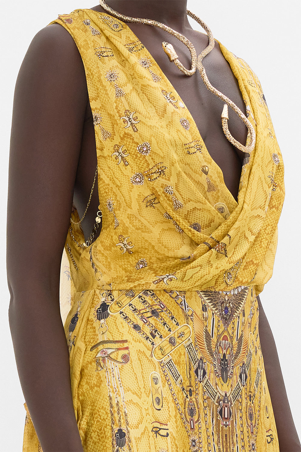 CAMILLA Gold Sleeveless Draped T-Back Long Dress in Valley of the Kings Print