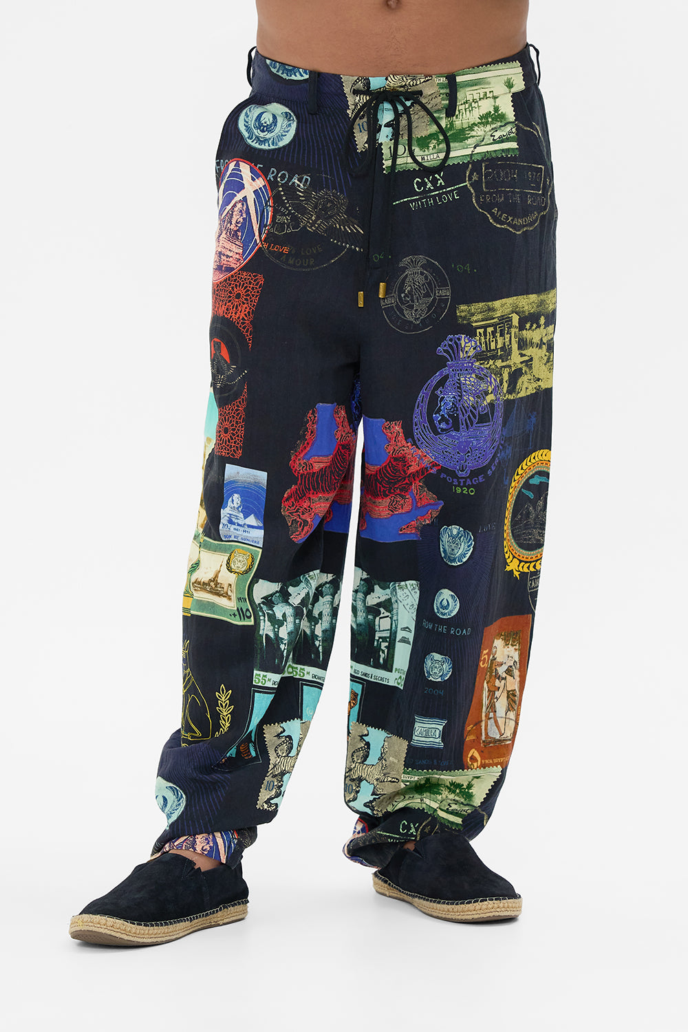 Hotel Franks By CAMILLA black relaxed dropped crotch pant in Landmark and Love Letters print. 