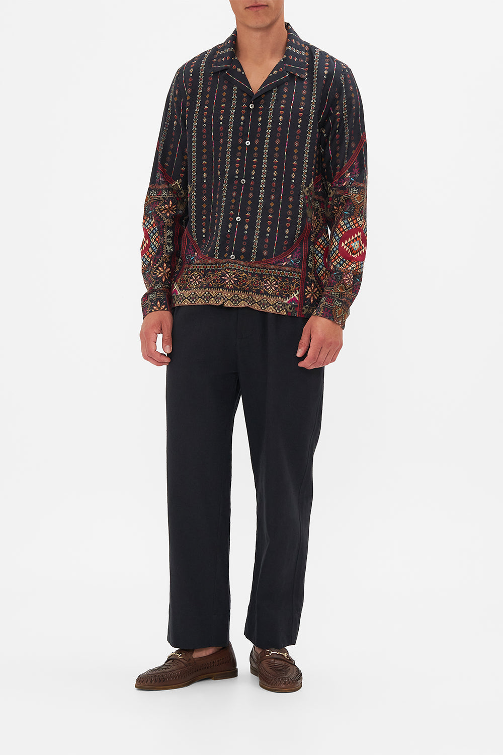The CAMILLA LONG SLEEVE CAMP COLLARED SHIRT THE WANDERING ONES in our THE WANDERING ONES print.
