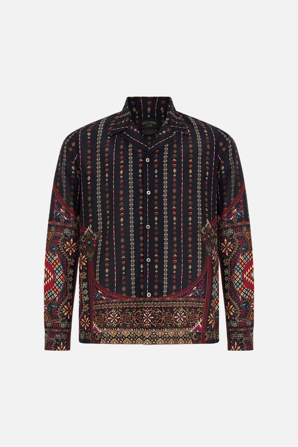 The CAMILLA LONG SLEEVE CAMP COLLARED SHIRT THE WANDERING ONES in our  print.