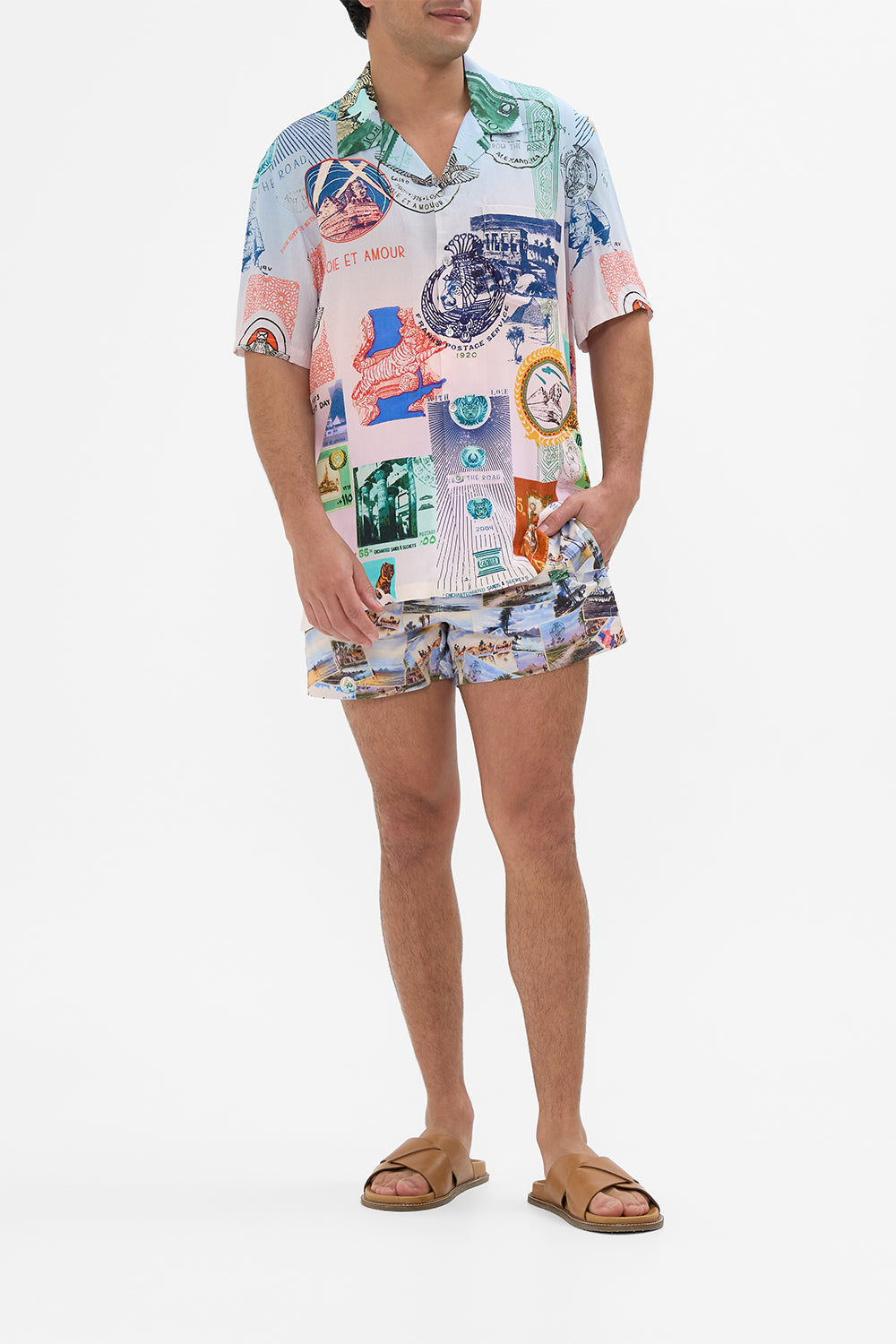 Hotel Franks By CAMILLA short sleeve camp collared shirt in Haute Passport print. 