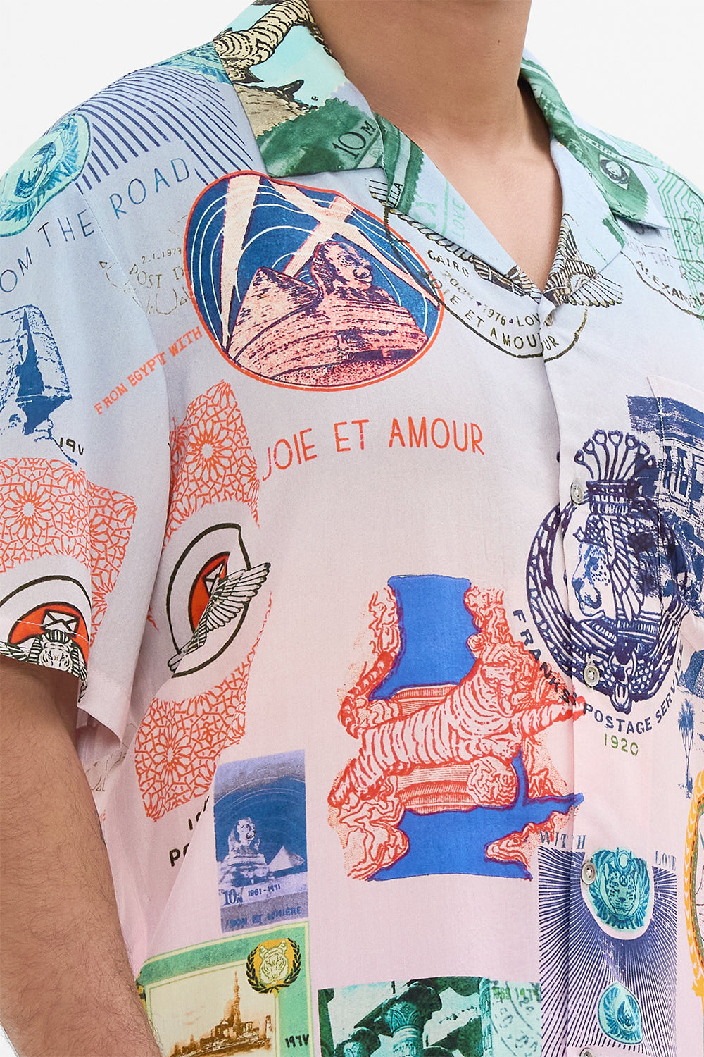 Hotel Franks By CAMILLA short sleeve camp collared shirt in Haute Passport print. 