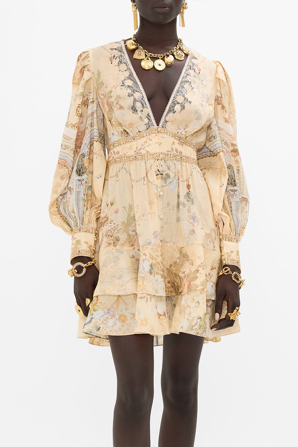 CAMILLA floral button front frill dress in Adorned in Antiquity print. 